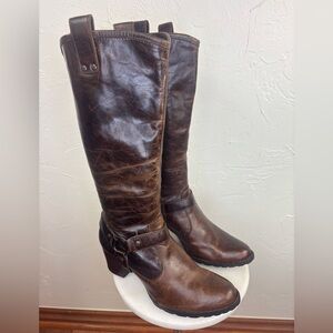 BORN Women Tall Leather‎ Boots Susanne Harness Brown Heel Riding Shoe Buckle 6